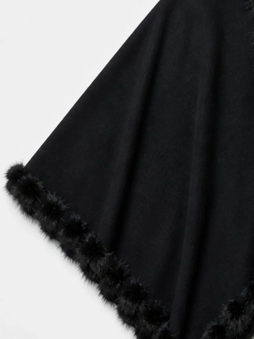 Chico's Black Faux Fur Trim Cashmere Blend Cocoon Wrap Pom Pom EUC OS